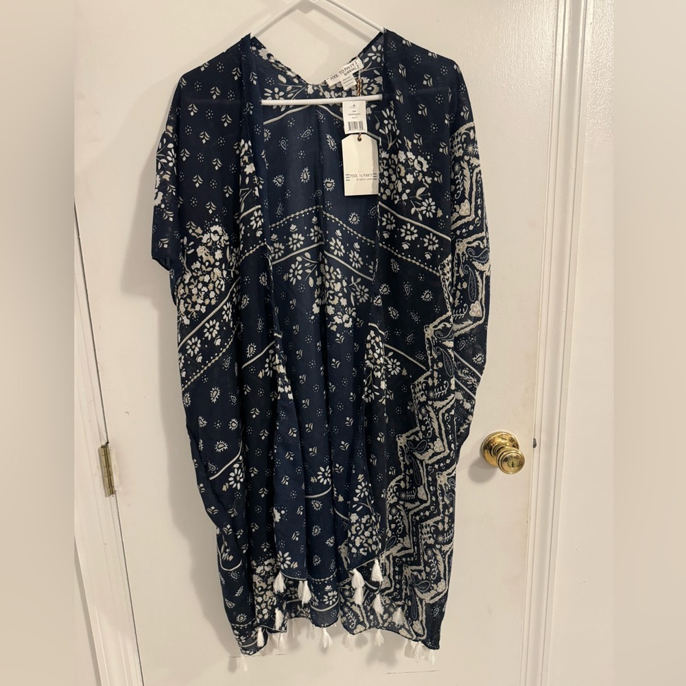NWT Pool to Party Beach Cover Up Kimono Blue and White Tassels Subtle Luxury